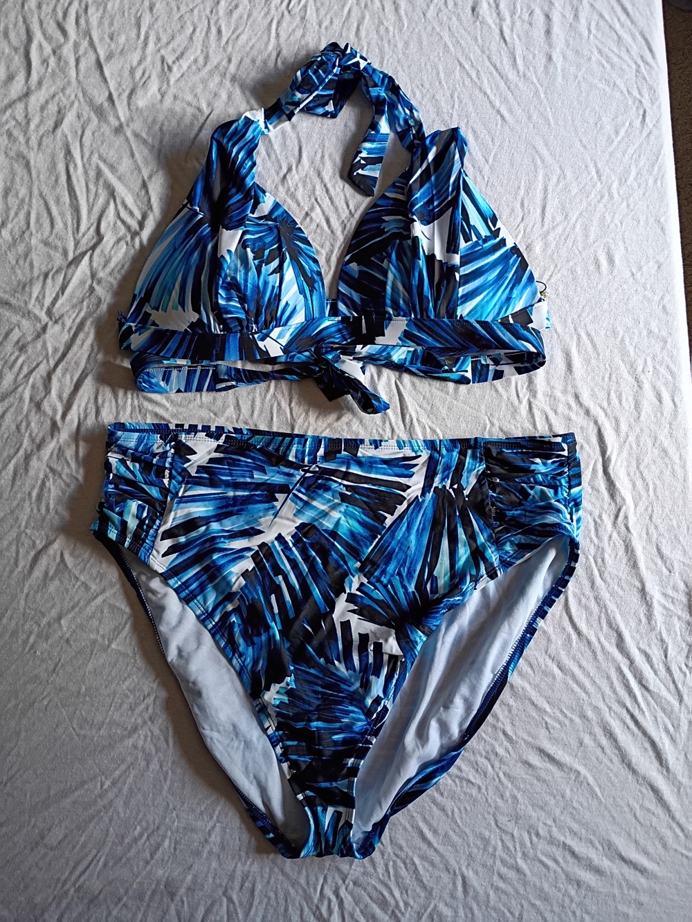 2X Blue Tropical Print Halter Bikini Set